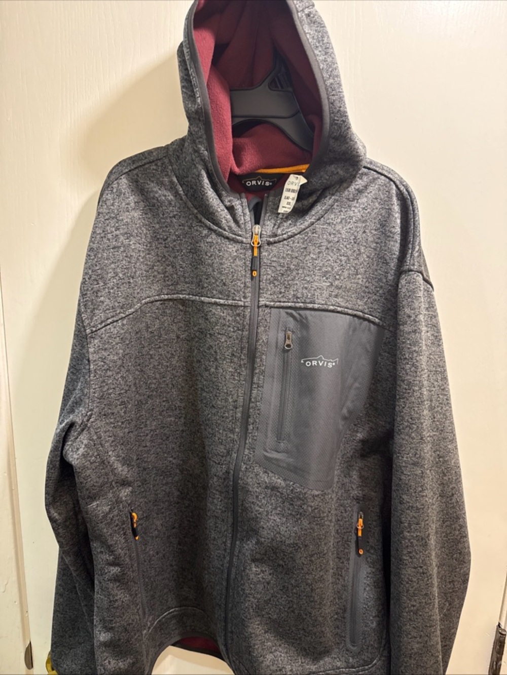 Orvis Brand New  Charcoal Gray Hooded Fleece Jacket with Maroon Lining XXL